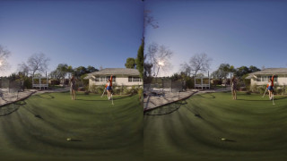 Two hot babes shake their ass and make out for their golf instructor in VR