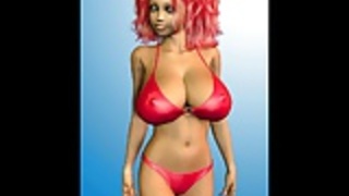 赤いビキニの巨大なおっぱいと3D赤毛