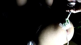 Injection of foam filler into the anus at midnight mountain Injection of foam filler into the anus at midnight mountain